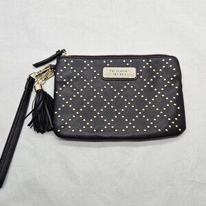 Victoria Secret Black Gold Studded Wristlet Clutch Purse Pouch Tassel Fob